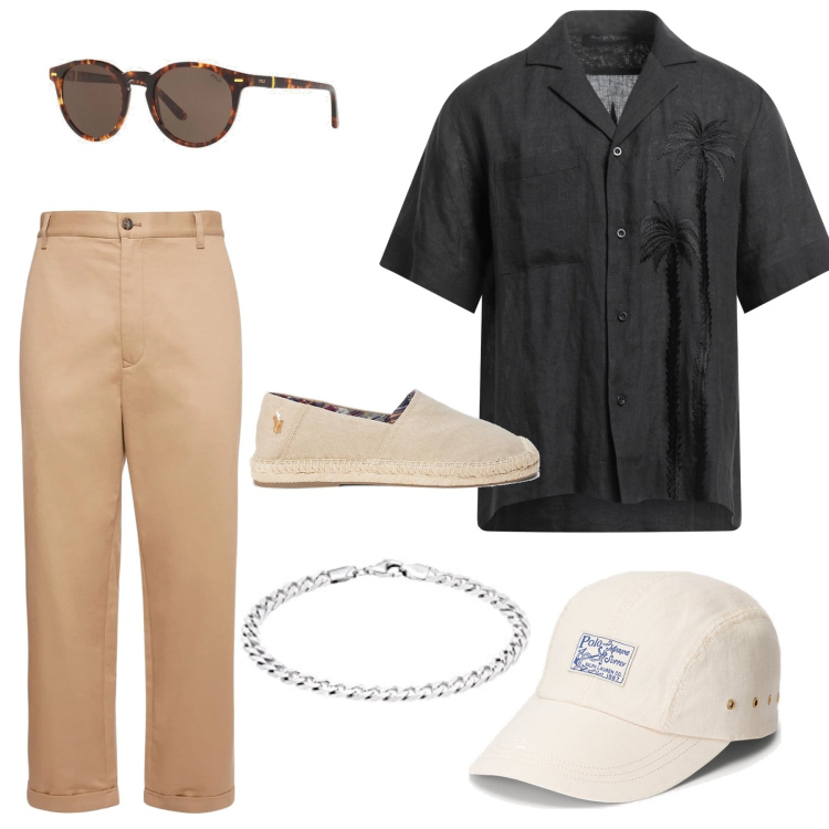 Outfit uomo - Festa di compleanno al mare. Stile Casual per Mare. Abbinamento con camicie a manica corta, occhiali da sole, espadrillas, cappelli con visiera, braccialetti, pantaloni chino.