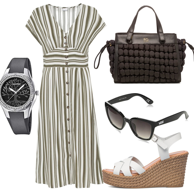 Outfit donna - A lavoro ad agosto. Stile Casual per Ufficio. Abbinamento con vestiti, sandali in pelle, borse a secchiello, occhiali da sole, orologi.