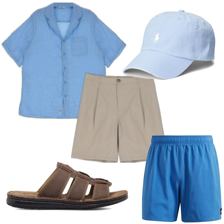 Outfit uomo - Total look #1668367. Stile Trendy per Mare. Abbinamento con bermuda, camicie a manica corta, cappelli, sandali, costumi.