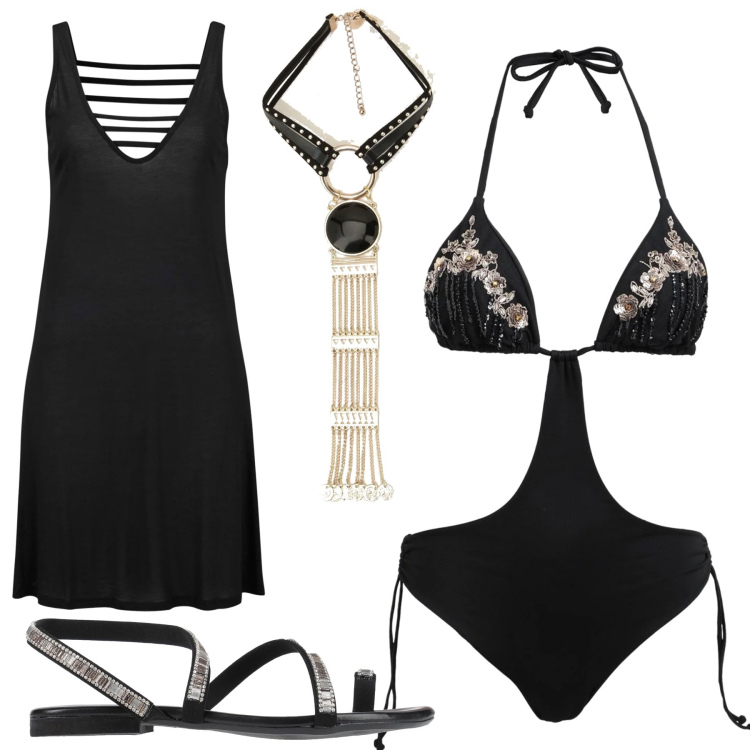 Outfit donna - Total look #1668401. Stile Trendy per Mare. Abbinamento con vestiti da spiaggia, bikini, infradito, ciondoli.