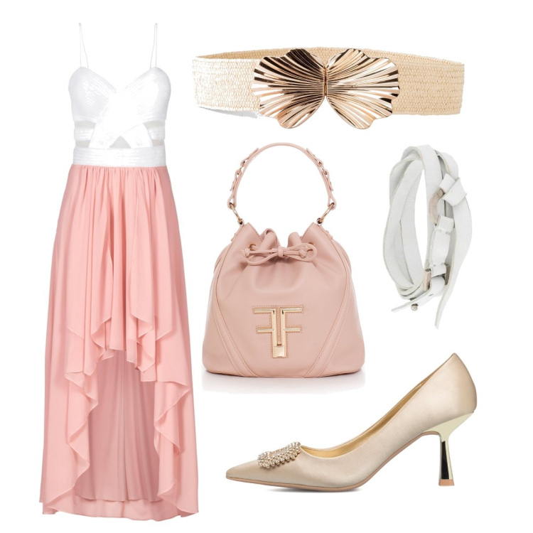 Outfit donna - Pink Bantoa. Stile Romantica per Cerimonia. Abbinamento con cinture, vestiti asimmetrici, braccialetti, borse a secchiello, décolleté.
