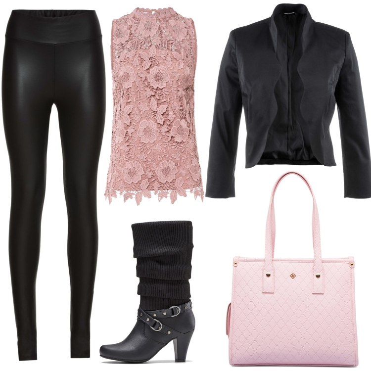 Outfit donna - Un po\' romantica un po\' rock. Stile Rock per Tutti i giorni. Abbinamento con treggings, stivali, top, blazer, borse a spalla.