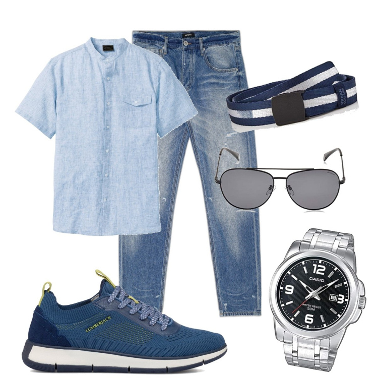 Outfit uomo - Cinta bicolore. Stile Urban per Tutti i giorni. Abbinamento con camicie a manica corta, jeans dritti, sneakers, cinture, occhiali da sole, orologi analogici.