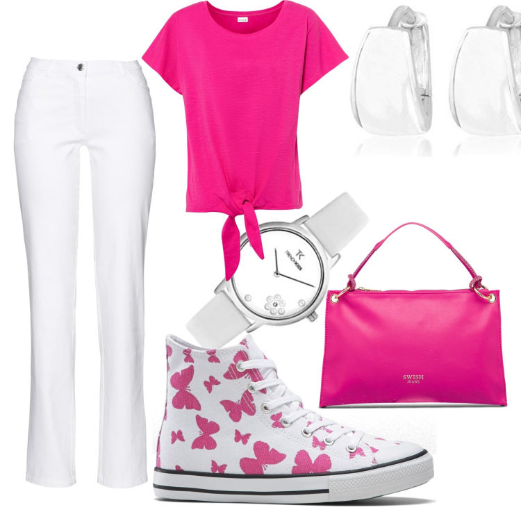Outfit donna - Le sneakers preferite. Stile Casual per Tutti i giorni. Abbinamento con pantaloni, maglieria, sneakers alte, borse a mano, orecchini, orologi analogici.