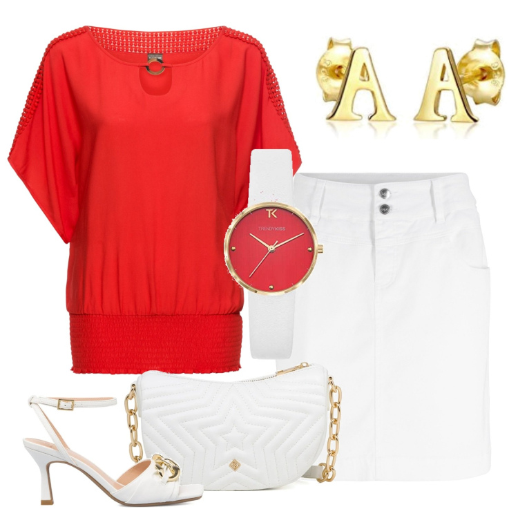 Outfit donna - La blusa rossa e la gonna bianca. Stile Chic per Ufficio. Abbinamento con minigonne, bluse, sandali in pelle, borse a tracolla, orecchini, orologi analogici.