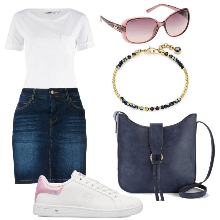 Outfit donna - Total look estivo. Stile Casual chic per Tutti i giorni. Abbinamento con gonne, t-shirt, borse a tracolla, sneakers, occhiali da sole, braccialetti.