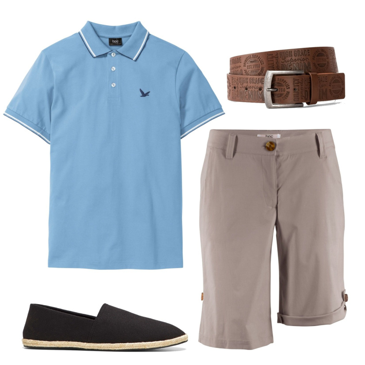Outfit uomo - La polo celeste. Stile Casual per Tutti i giorni. Abbinamento con polo, espadrillas, cinture, bermuda.