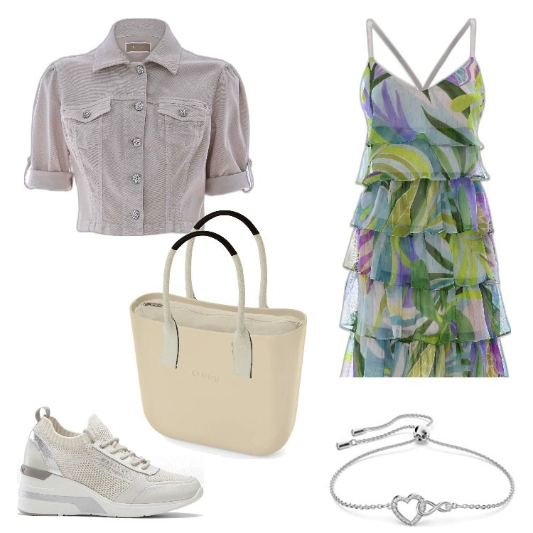 Outfit donna - Infinito. Stile Boho per Tutti i giorni. Abbinamento con sneakers, vestiti corti, giacche, braccialetti, borse a spalla.