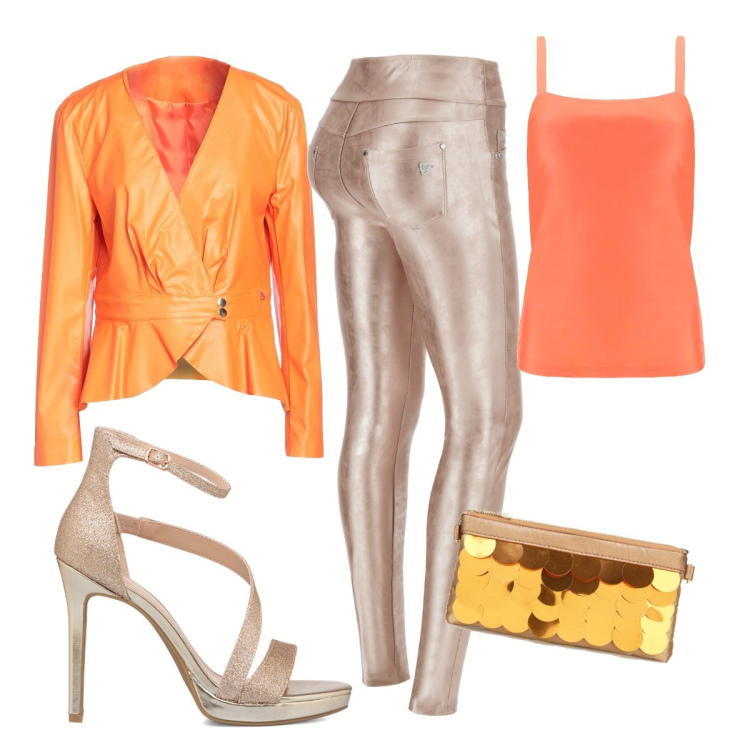 Outfit donna - Disco. Stile Trendy per Serata fuori. Abbinamento con blazer, canottiere, pantaloni skinny, pochette, sandali in pelle.