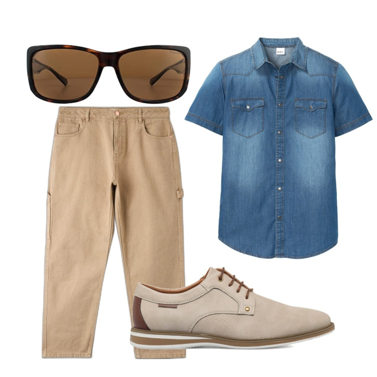 Outfit uomo - Jeans. Stile Casual per Tutti i giorni. Abbinamento con camicie a manica corta, pantaloni, scarpe stringate, occhiali da sole.