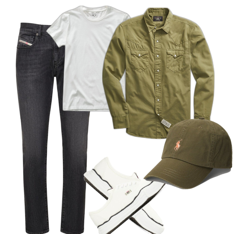 Outfit uomo - Total look #1669062. Stile Casual per Tutti i giorni. Abbinamento con t-shirt, cappelli, camicie, sneakers, jeans slim fit.