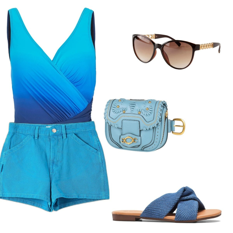 Outfit donna - Blu mare. Stile Sporty chic per Mare. Abbinamento con costumi interi, ciabatte, occhiali da sole, marsupi, shorts.