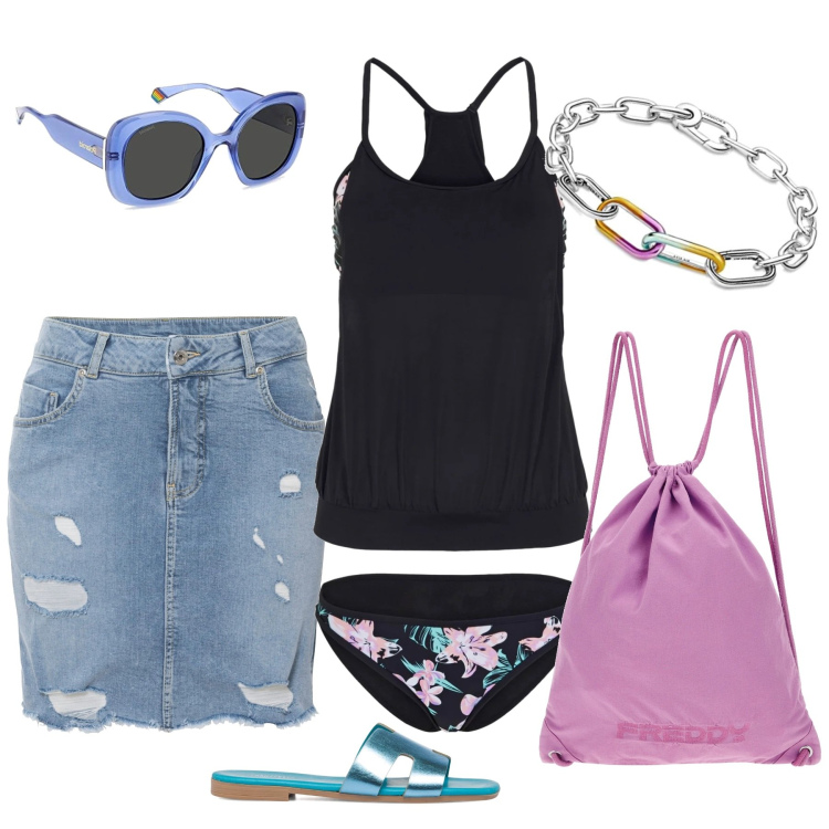 Outfit donna - Tankini forever. Stile Casual chic per Tutti i giorni. Abbinamento con costumi interi, gonne, zaini, ciabatte, braccialetti, occhiali da sole.