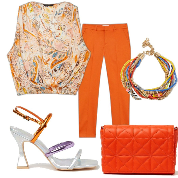 Outfit donna - Orange. Stile Chic per Serata fuori. Abbinamento con pantaloni capri, bluse, sandali col tacco, braccialetti, borse a spalla.