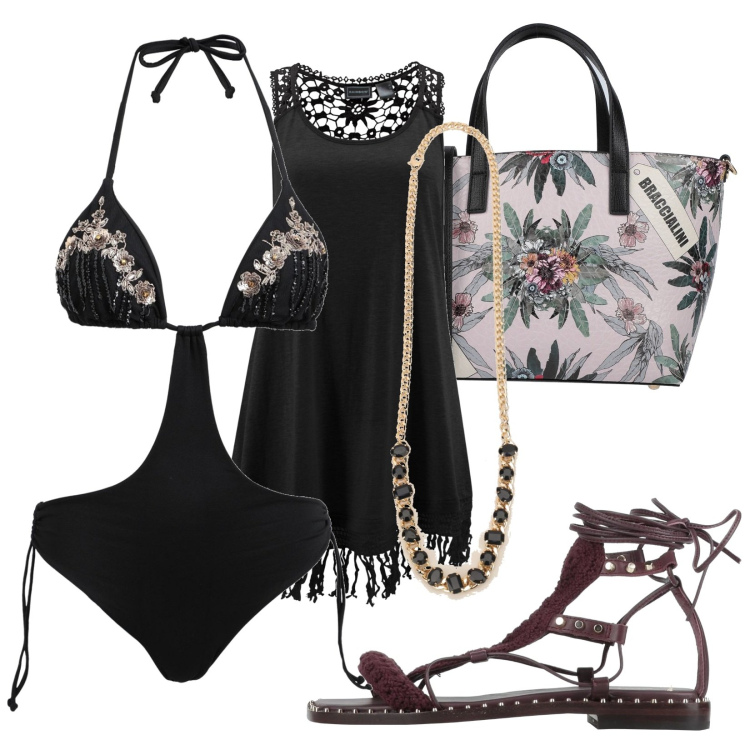 Outfit donna - Total look #1669231. Stile Sexy per Mare. Abbinamento con vestiti da spiaggia, bikini, sandali in pelle, borse a mano, collane.