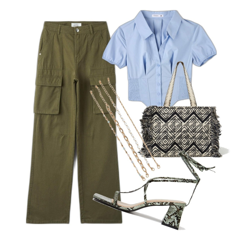 Outfit donna - Camaleontica "tasconi". Stile Trendy per Tutti i giorni. Abbinamento con pantaloni cargo, camicie a manica corta, braccialetti, shopping bag, sandali in pelle.