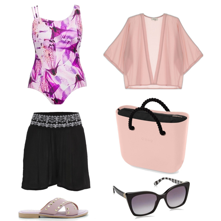 Outfit donna - Curvy raffinata al mare o in piscina. Stile Casual chic per Mare. Abbinamento con shorts, sandali in pelle, cardigans, costumi interi, occhiali da sole, borse a spalla.