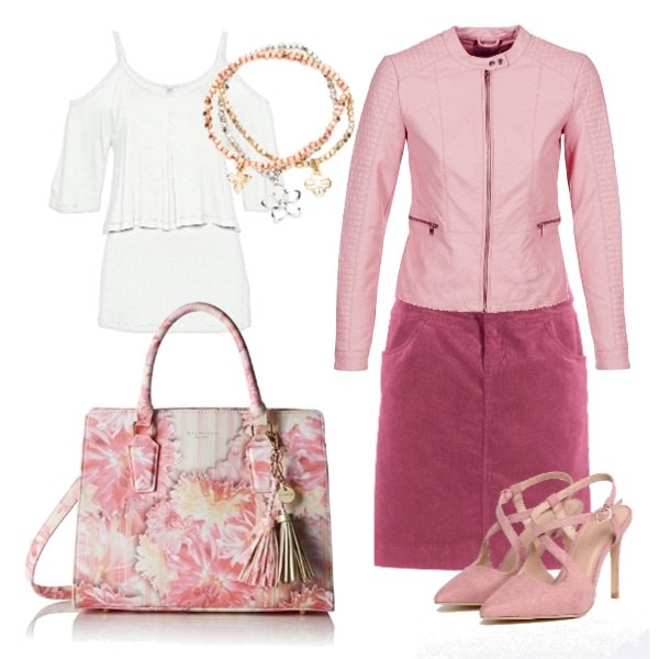 Outfit donna - Appuntamento in pasticceria. Stile Bon Ton per Tutti i giorni. Abbinamento con gonne lunghe, maglia con spalle scoperte bianco, bracciale, giacca con cuore rosa, décolleté, shopping bag rosa.
