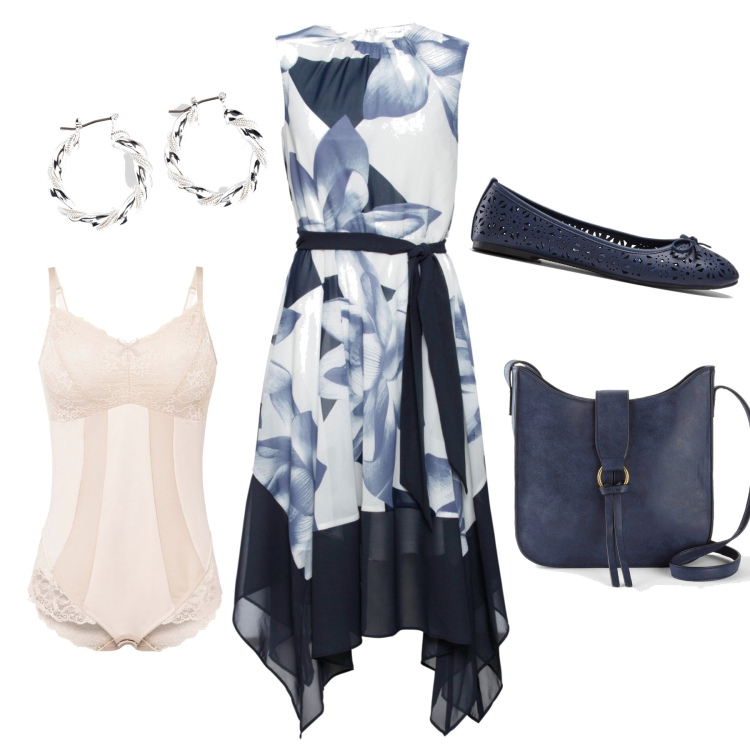 Outfit donna - In ufficio. Stile Casual chic per Ufficio. Abbinamento con ballerine, orecchini, body, vestiti, borse a tracolla.