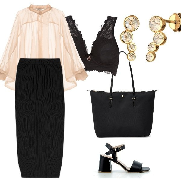 Outfit donna - Assistente alla direzione. Stile Bon Ton per Ufficio. Abbinamento con gonne longuette, sandali in pelle, camicie, borse tote, bralette, orecchini.