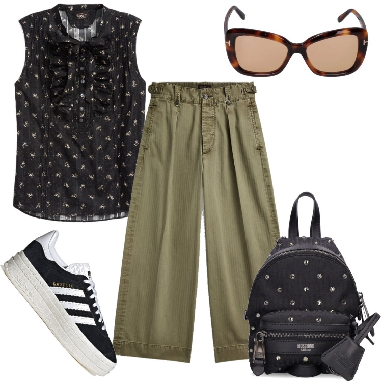 Outfit donna - Urban estivo. Stile Urban per Tutti i giorni. Abbinamento con pantaloni, camicie, sneakers, occhiali da sole, zaini.