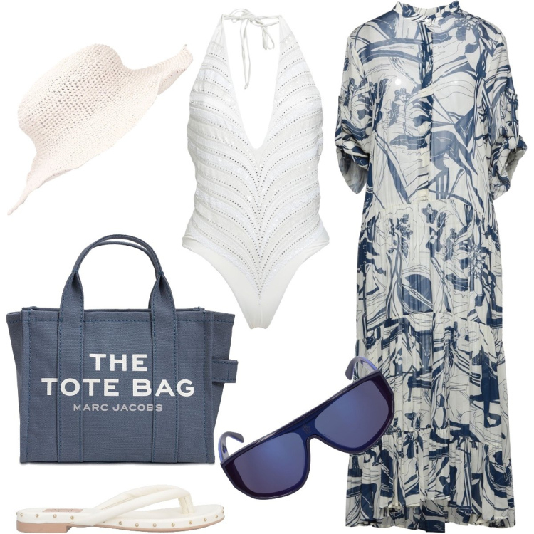 Outfit donna - Giornata in piscina. Stile Casual chic per Mare. Abbinamento con infradito, vestiti midi/longuette, costumi interi, borse tote, occhiali da sole, cappelli.