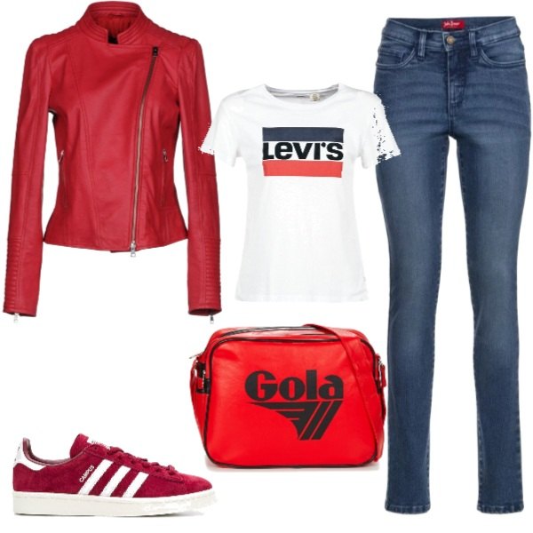 Outfit donna - Trendy #21640. Stile Trendy per Scuola/Università. Abbinamento con jeans slim fit, giubbotto collo coreana a maniche lunghe con zip interno foderato tinta unita, t-shirt, borsa rosso, sneakers effetto scamosciato rosso.
