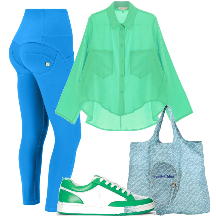 Outfit donna - In città. Stile Sporty chic per Tutti i giorni. Abbinamento con borse a mano, camicie, pantaloni skinny, sneakers.