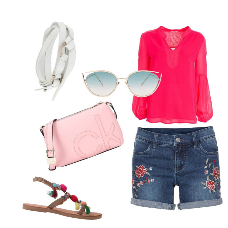 Outfit donna - Serata con le amiche. Stile Casual chic per Serata fuori. Abbinamento con shorts, sandali, occhiali da sole, borse a tracolla, braccialetti, bluse.