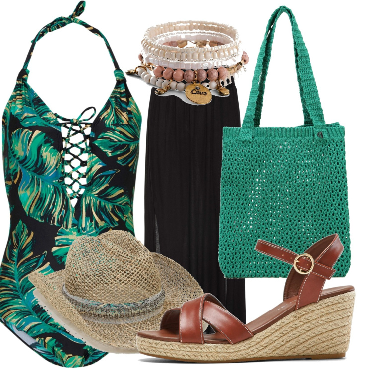 Outfit donna - Total look #1669693. Stile Etnico per Mare. Abbinamento con braccialetti, gonne lunghe, costumi interi, sandali, shopping bag, cappelli.