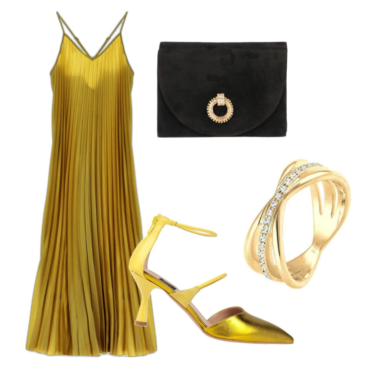 Outfit donna - Il sole di notte. Stile Glamour per Serata fuori. Abbinamento con décolleté, borse a tracolla, vestiti lunghi, anelli.