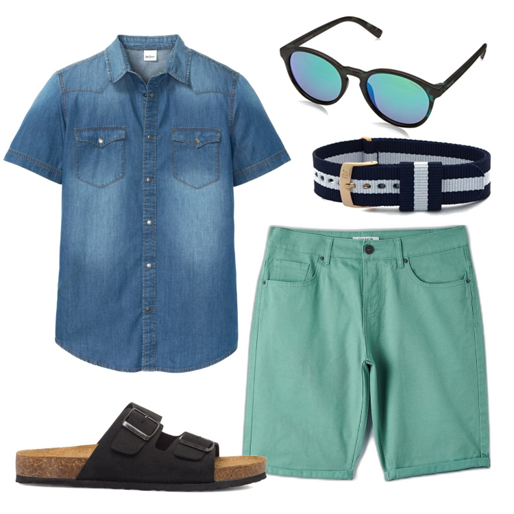 Outfit uomo - Un look estivo. Stile Casual per Tutti i giorni. Abbinamento con camicie a manica corta, pantaloni corti, sandali, braccialetti, occhiali da sole.