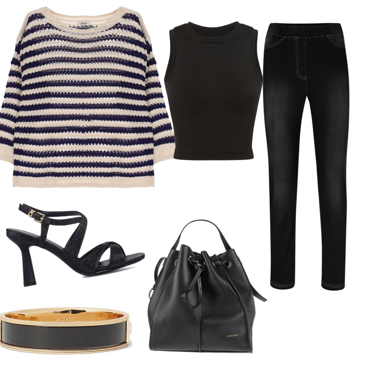 Outfit donna - elegant black look office. Stile Casual per Tutti i giorni. Abbinamento con jeggings, borse a mano, maglieria, braccialetti, sandali gioiello, canottiere.