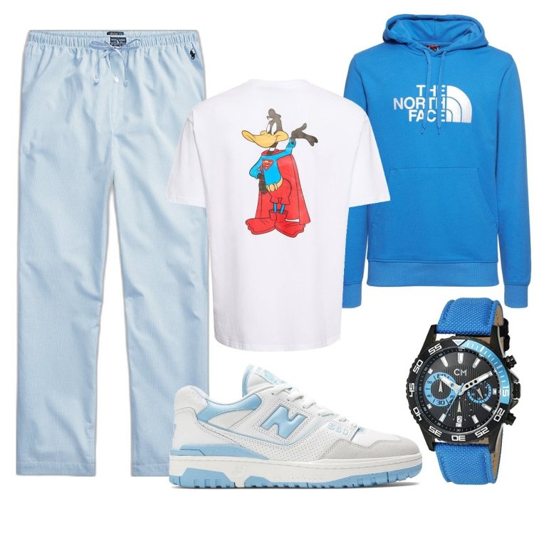 Outfit uomo - Super duck. Stile Urban per Tutti i giorni. Abbinamento con pantaloni, felpe con cappuccio, orologi, sneakers, t-shirt.