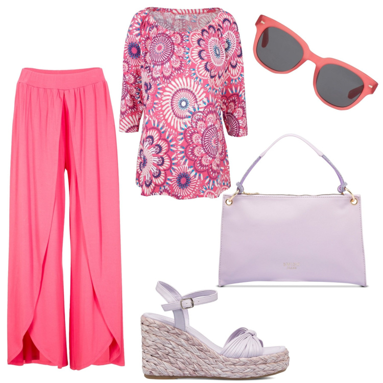 Outfit donna - Estate a colori. Stile Basic per Tutti i giorni. Abbinamento con maglieria, pantaloni, occhiali da sole, sandali col tacco, borse a mano.
