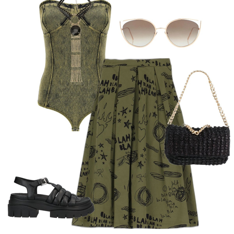 Outfit donna - Body rock. Stile Rock per Tutti i giorni. Abbinamento con body, gonne longuette, ciondoli, borse a mano, occhiali da sole, sandali in pelle.