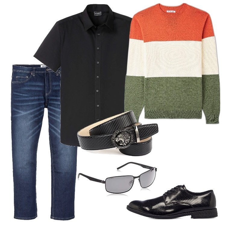 Outfit uomo - Total look #1669992. Stile Casual per Tutti i giorni. Abbinamento con jeans dritti, camicie a manica corta, maglieria, scarpe stringate, occhiali da sole, cinture.