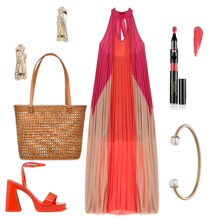 Outfit donna - Curvy trendy, cocktails estivi. Stile Trendy per Serata fuori. Abbinamento con vestiti lunghi, orecchini, sandali in pelle, shopping bag, braccialetti, rossetti.