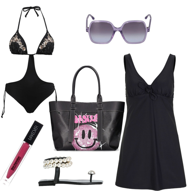 Outfit donna - Piscina. Stile Casual chic per Mare. Abbinamento con vestiti da spiaggia, bikini, infradito, occhiali da sole, gloss, shopping bag.