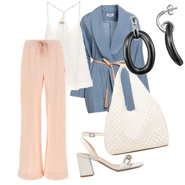 Outfit donna - Per una passeggiata. Stile Casual chic per Tutti i giorni. Abbinamento con pantaloni a palazzo, sandali gioiello, borse a spalla, canottiere, blazer, orecchini.