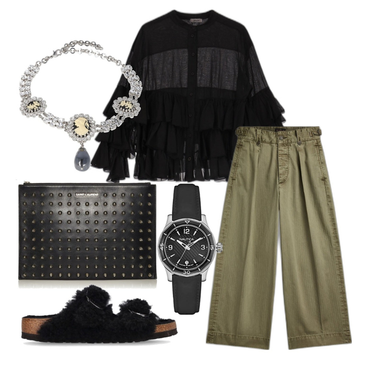 Outfit donna - Ghost outfitter - luglio. Stile Casual chic per Tutti i giorni. Abbinamento con borse a mano, pantaloni, camicie, sandali, orologi analogici, collane.