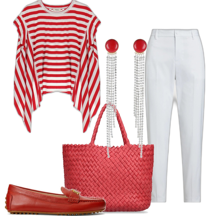 Outfit donna - Passione per il rosso. Stile Casual chic per Ufficio. Abbinamento con mocassini, pantaloni, t-shirt, borse a mano, orecchini.