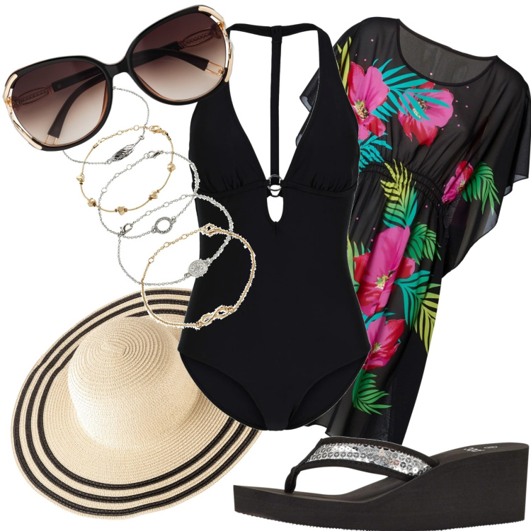 Outfit donna - Il Costume Nero. Stile Chic per Mare. Abbinamento con costumi interi, braccialetti con ciondoli, occhiali da sole, vestiti da spiaggia, infradito, cappelli.