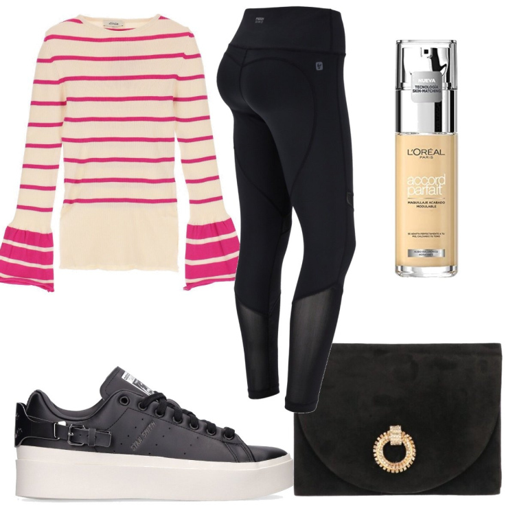 Outfit donna - Il primo bacio a mio marito. Stile Trendy per Tutti i giorni. Abbinamento con borse a tracolla, leggings sportivo, maglieria, sneakers, fondotinta.