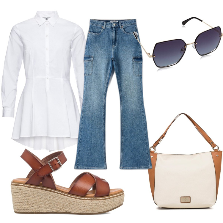 Outfit donna - Total look #1670235. Stile Trendy per Tutti i giorni. Abbinamento con camicie, jeans a zampa, sandali col tacco, borse a spalla, occhiali da sole.