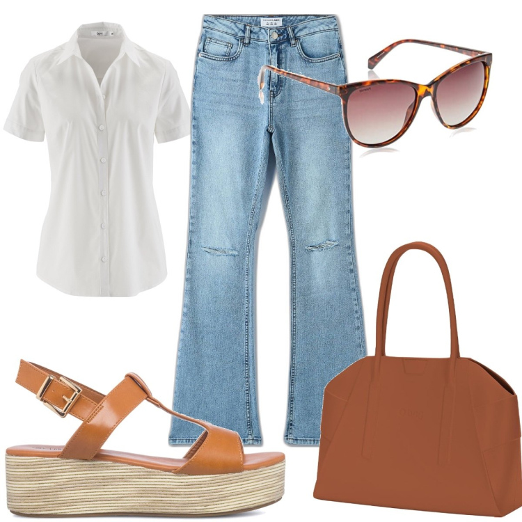 Outfit donna - Total look #1670244. Stile Trendy per Tutti i giorni. Abbinamento con camicie a manica corta, jeans a zampa, sandali in pelle, borse a spalla, occhiali da sole.
