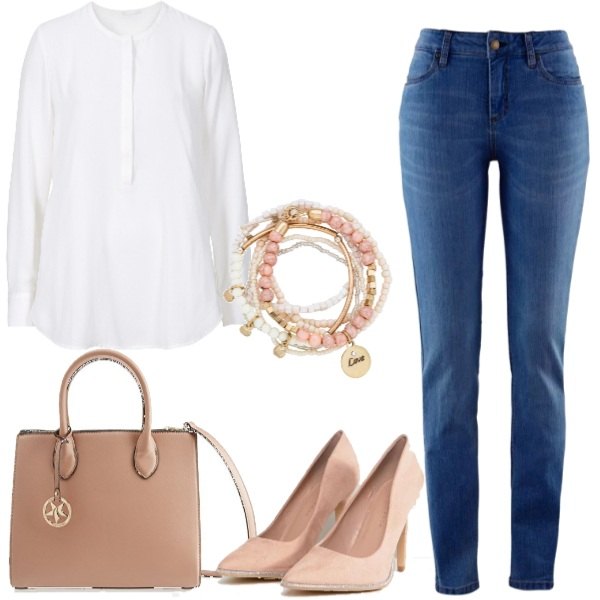 Outfit donna - Basic #15701. Stile Basic per Ufficio. Abbinamento con jeans skinny, braccialetti, blusa lunga con scollo bianco, décolleté, borsa a mano tote rosa.