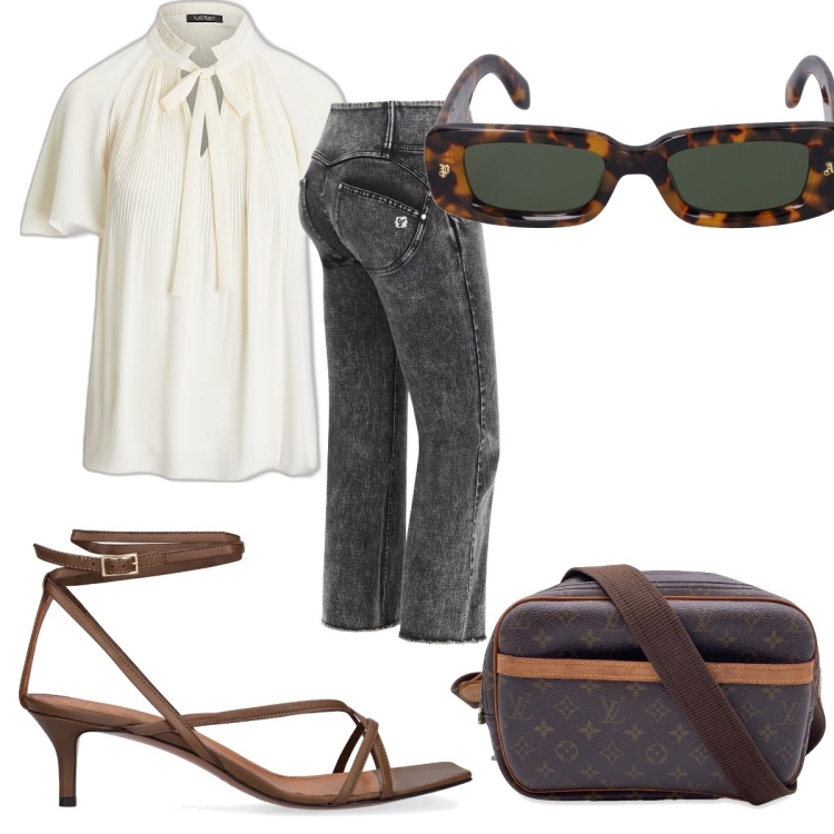 Outfit donna - Total look #1670257. Stile Trendy per Tutti i giorni. Abbinamento con borse a tracolla, jeans a zampa, camicie, occhiali da sole, sandali in pelle.