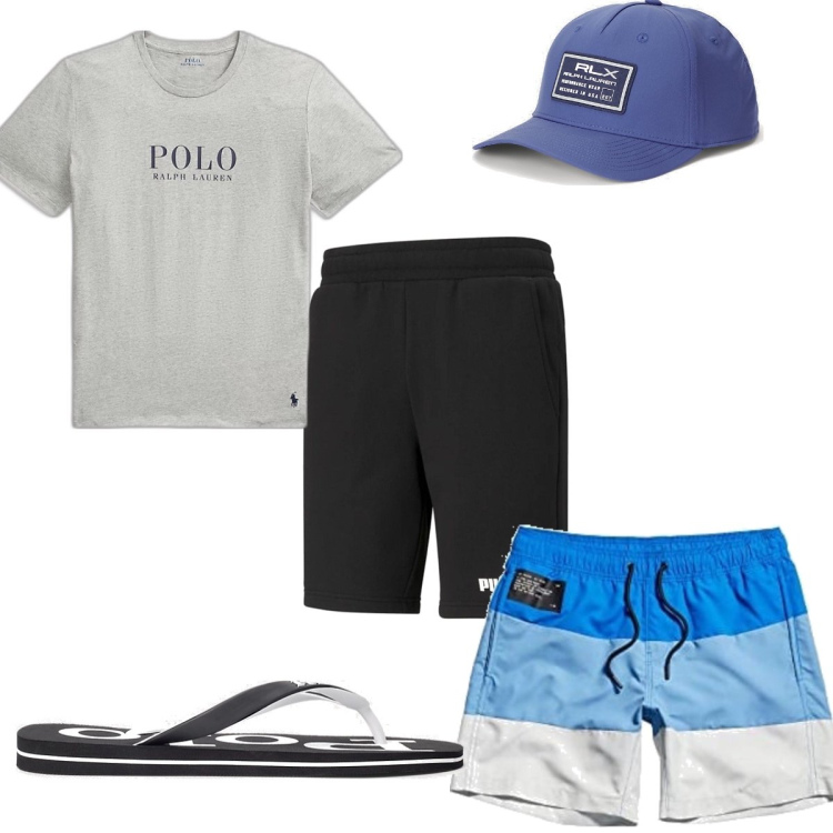 Outfit uomo - Total look #1670270. Stile Trendy per Mare. Abbinamento con pantaloni corti, sandali, t-shirt, cappelli con visiera, costumi.
