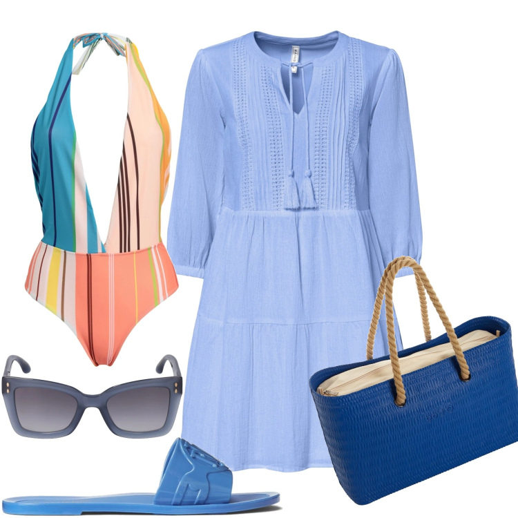 Outfit donna - Al mare. Stile Casual chic per Mare. Abbinamento con vestiti da spiaggia, costumi interi, ciabatte, borse a spalla, occhiali da sole.